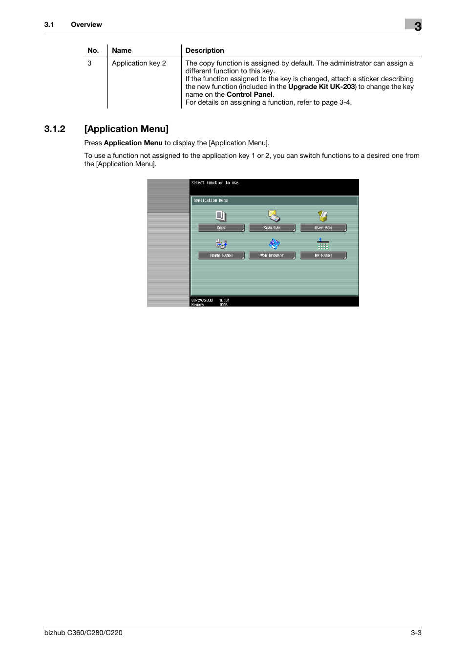 2 [application menu, Application menu] -3 | Konica Minolta BIZHUB C360 User Manual | Page 16 / 111