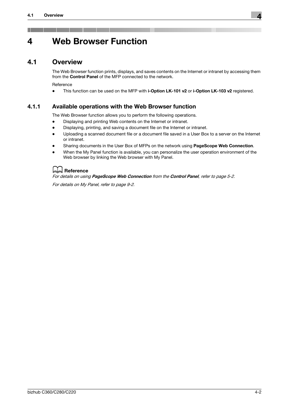 4 web browser function, 1 overview, Web browser function | Overview -2, P. 4-2, 4web browser function | Konica Minolta BIZHUB C360 User Manual | Page 20 / 111