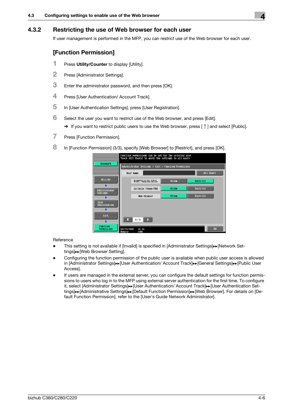 2 restricting the use of web browser for each user, Function permission | Konica Minolta BIZHUB C360 User Manual | Page 24 / 111