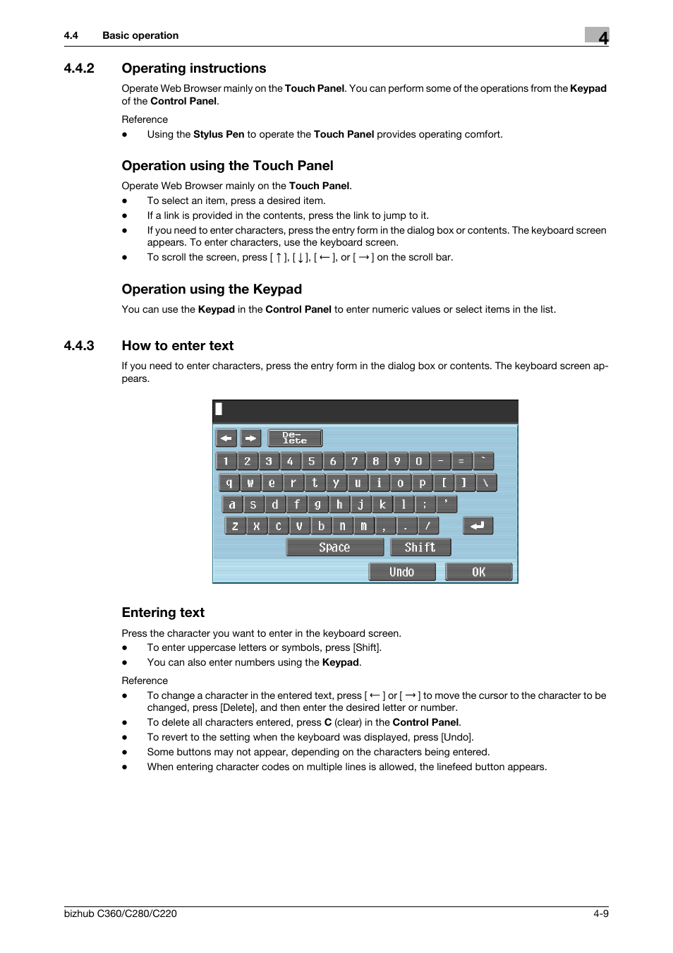 2 operating instructions, Operation using the touch panel, Operation using the keypad | 3 how to enter text, Entering text, How to enter text -9 entering text -9 | Konica Minolta BIZHUB C360 User Manual | Page 27 / 111