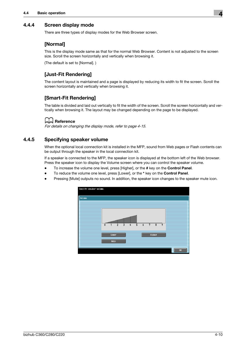 4 screen display mode, Normal, Just-fit rendering | Smart-fit rendering, 5 specifying speaker volume, Screen display mode -10 [normal] -10, Just-fit rendering] -10 [smart-fit rendering] -10, Specifying speaker volume -10 | Konica Minolta BIZHUB C360 User Manual | Page 28 / 111