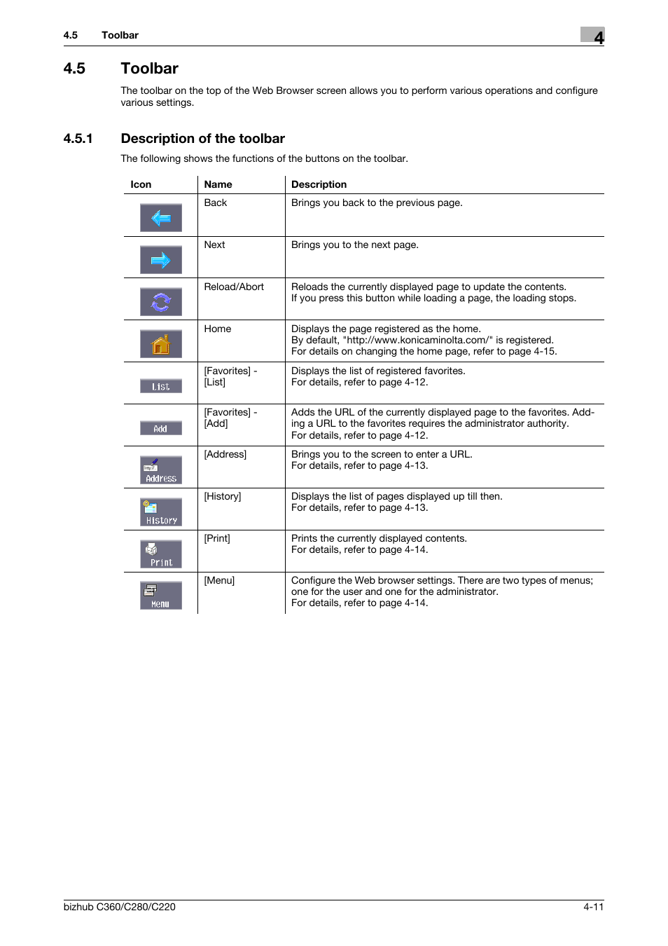 5 toolbar, 1 description of the toolbar, Toolbar -11 | Description of the toolbar -11 | Konica Minolta BIZHUB C360 User Manual | Page 29 / 111