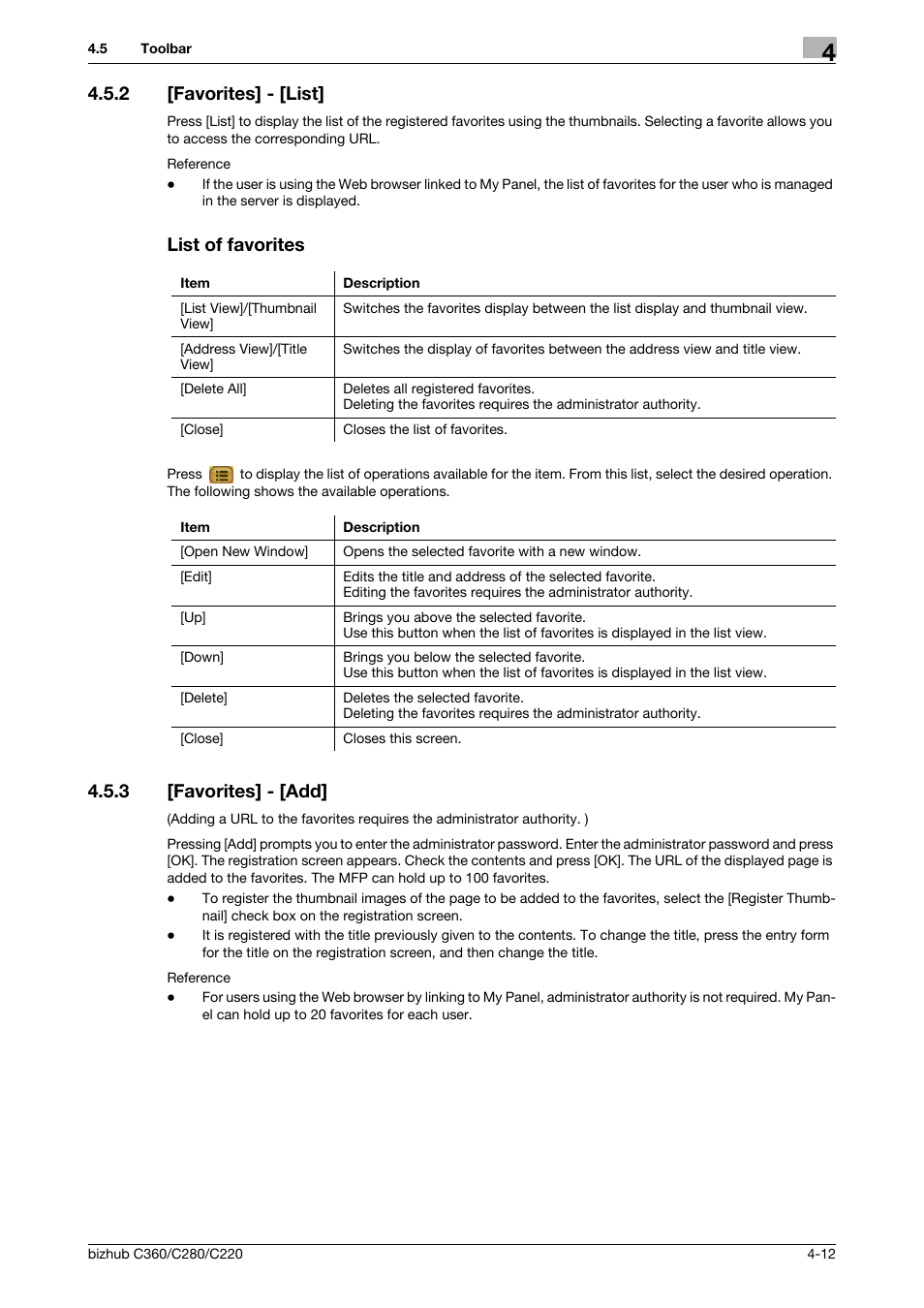 2 [favorites] - [list, List of favorites, 3 [favorites] - [add | Favorites] - [list] -12 list of favorites -12, Favorites] - [add] -12 | Konica Minolta BIZHUB C360 User Manual | Page 30 / 111