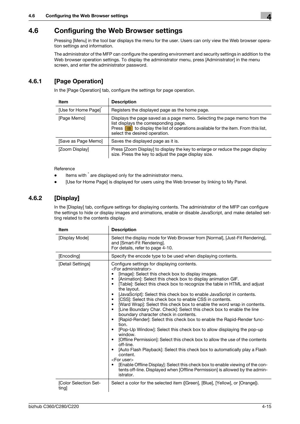 6 configuring the web browser settings, 2 [display, Configuring the web browser settings -15 | Display] -15, 1 [page operation | Konica Minolta BIZHUB C360 User Manual | Page 33 / 111