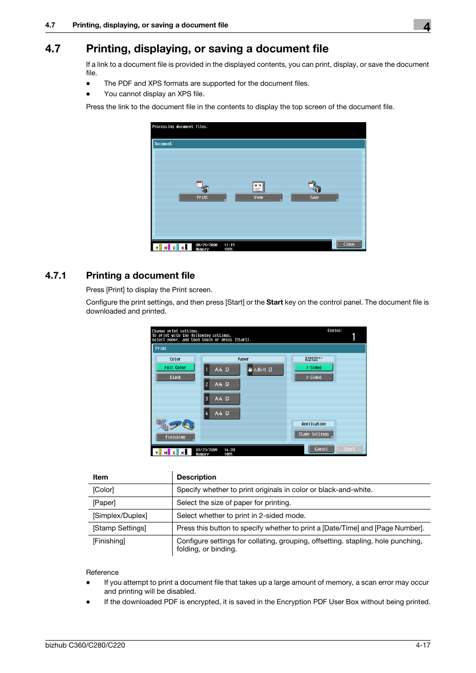 7 printing, displaying, or saving a document file, 1 printing a document file, Printing a document file -17 | Konica Minolta BIZHUB C360 User Manual | Page 35 / 111