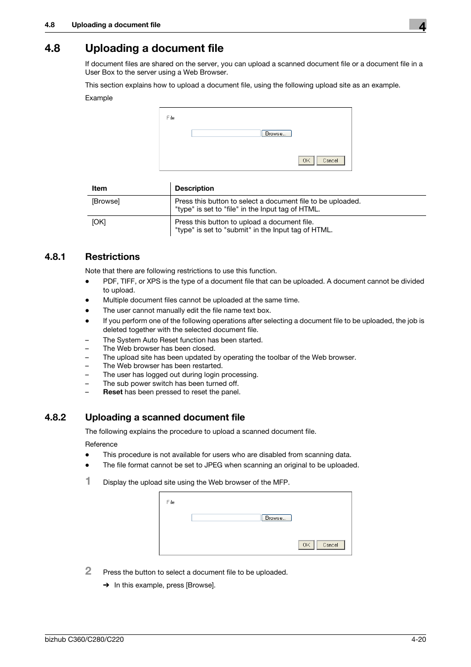 8 uploading a document file, 1 restrictions, 2 uploading a scanned document file | Uploading a document file -20, Restrictions -20, Uploading a scanned document file -20 | Konica Minolta BIZHUB C360 User Manual | Page 38 / 111