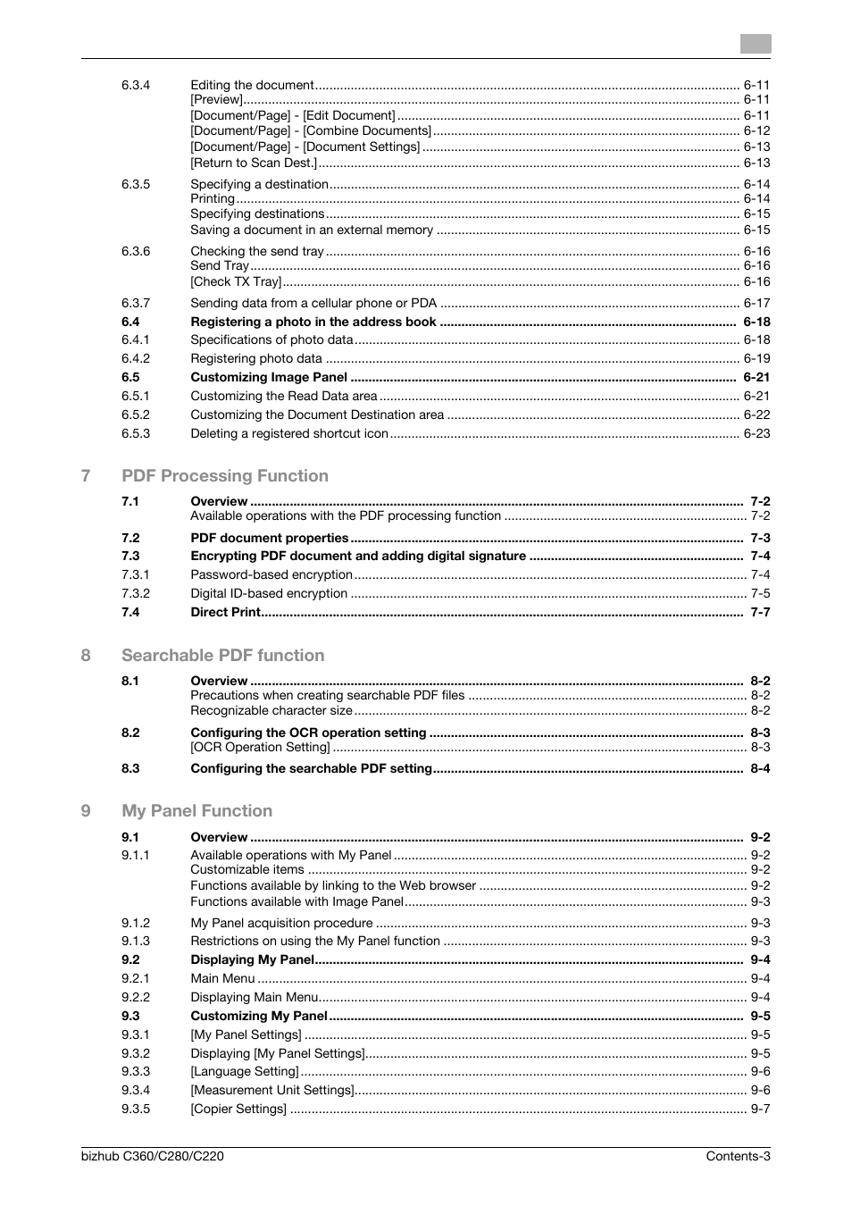 7pdf processing function, 8searchable pdf function, 9my panel function | Konica Minolta BIZHUB C360 User Manual | Page 4 / 111