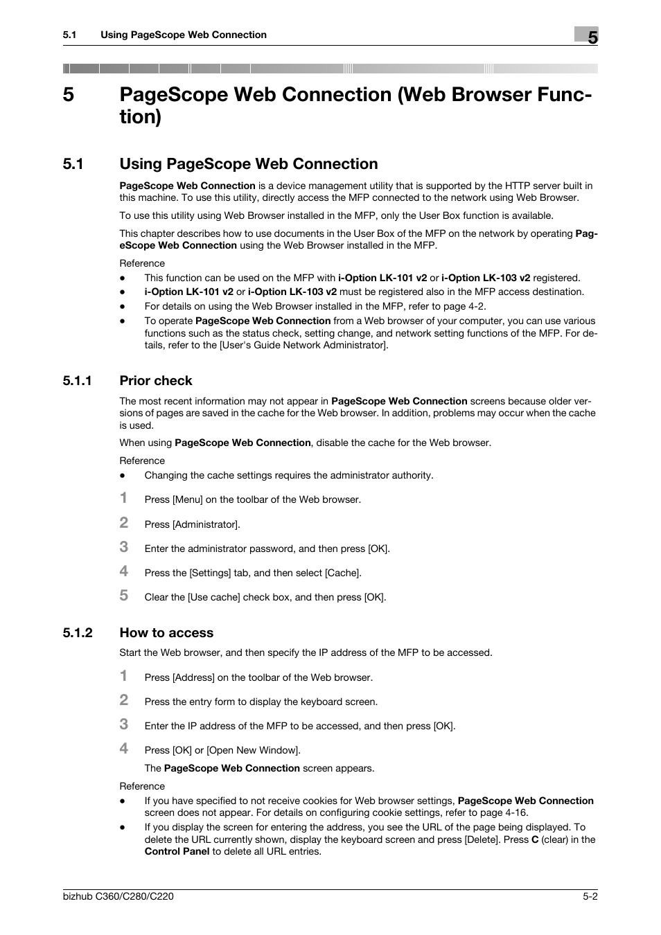 1 prior check, 2 how to access, Prior check -2 | How to access -2, P. 5-2, 5pagescope web connection (web browser func- tion), 1 using pagescope web connection | Konica Minolta BIZHUB C360 User Manual | Page 42 / 111