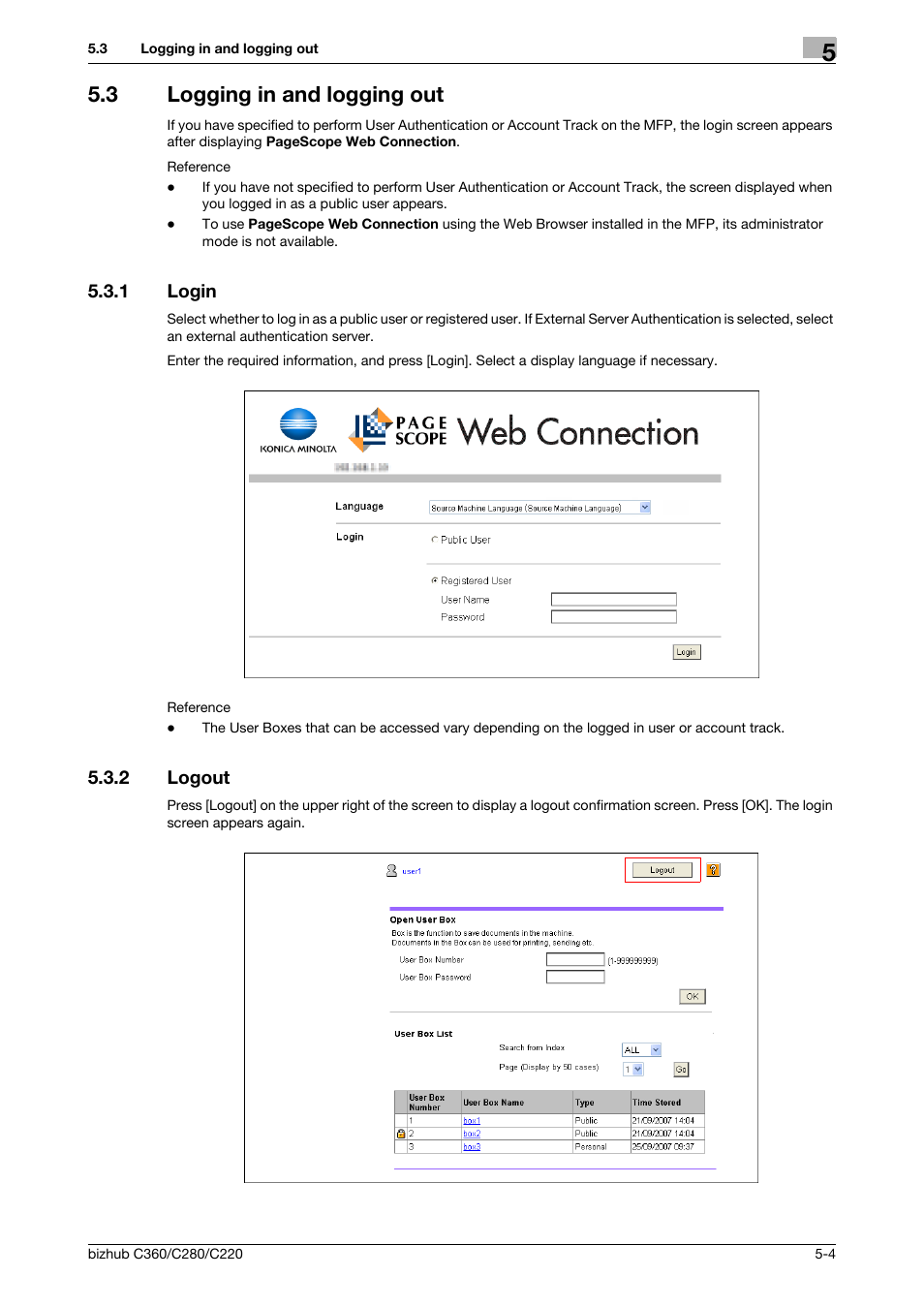 3 logging in and logging out, 1 login, 2 logout | Logging in and logging out -4, Login -4, Logout -4 | Konica Minolta BIZHUB C360 User Manual | Page 44 / 111