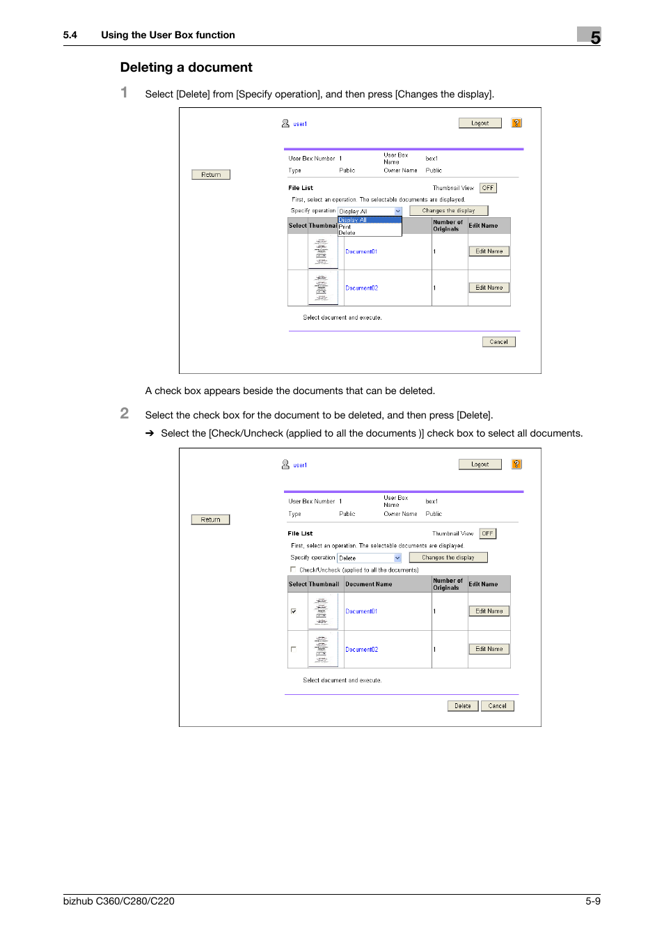Deleting a document, Deleting a document -9 | Konica Minolta BIZHUB C360 User Manual | Page 49 / 111