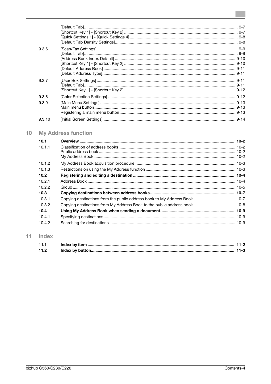 10 my address function, 11 index | Konica Minolta BIZHUB C360 User Manual | Page 5 / 111
