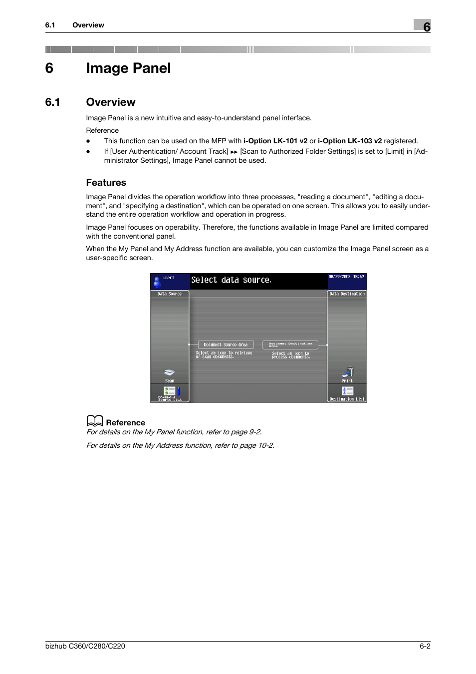 6 image panel, 1 overview, Features | Image panel, Overview -2 features -2, P. 6-2, 6image panel | Konica Minolta BIZHUB C360 User Manual | Page 52 / 111
