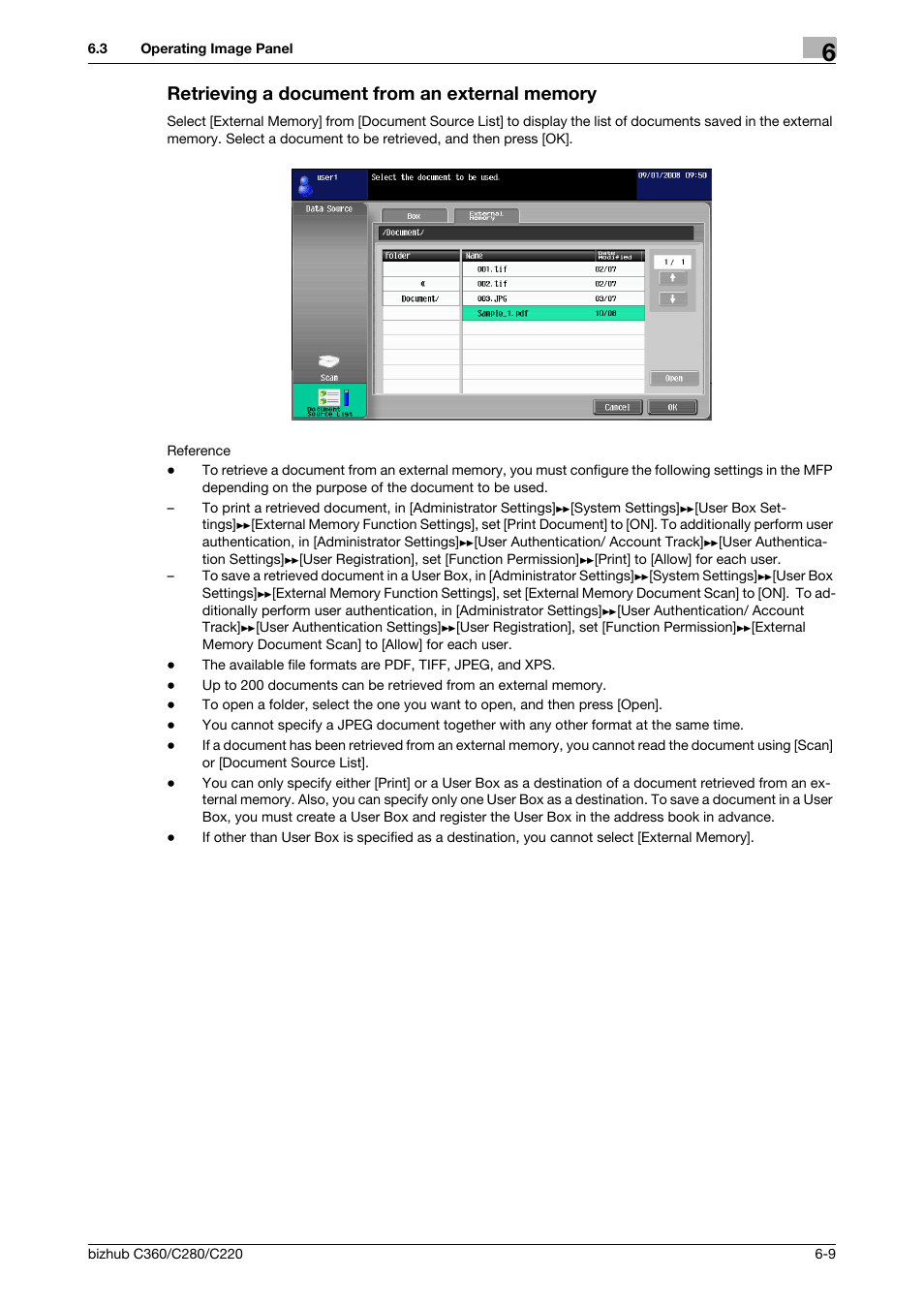 Retrieving a document from an external memory, Retrieving a document from an external memory -9 | Konica Minolta BIZHUB C360 User Manual | Page 59 / 111