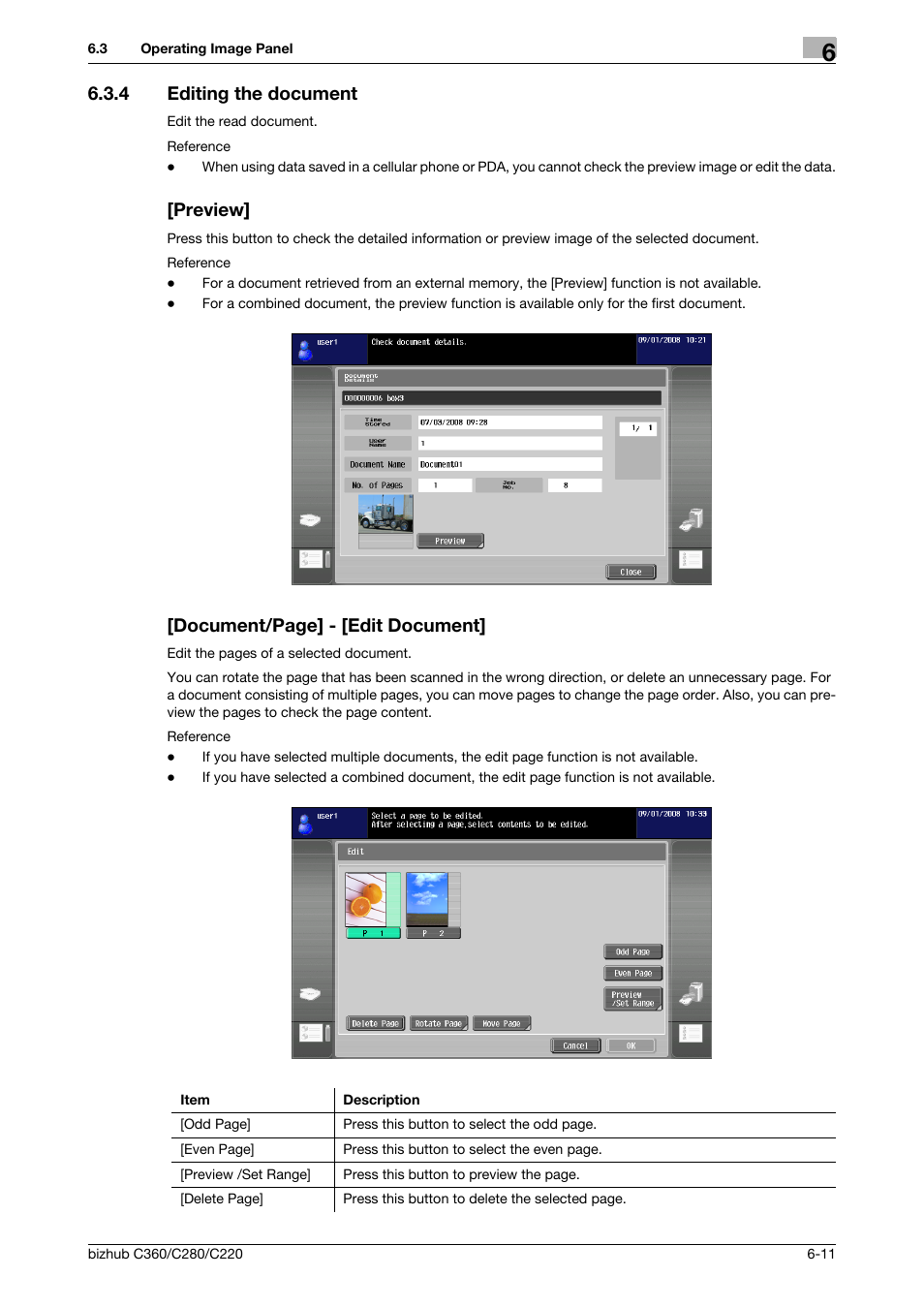 4 editing the document, Preview, Document/page] - [edit document | Konica Minolta BIZHUB C360 User Manual | Page 61 / 111