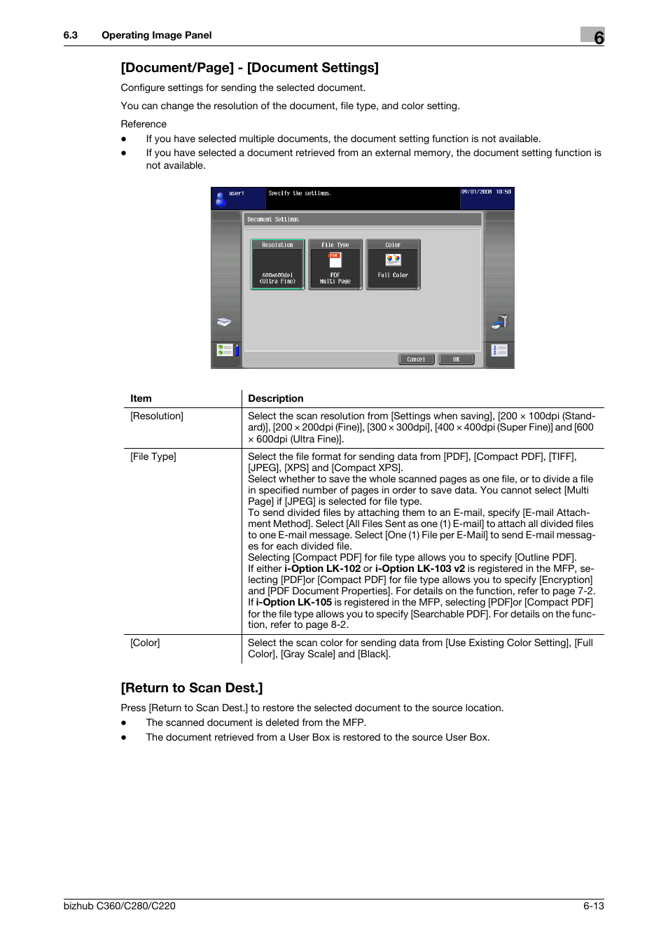 Return to scan dest, Document/page] - [document settings | Konica Minolta BIZHUB C360 User Manual | Page 63 / 111