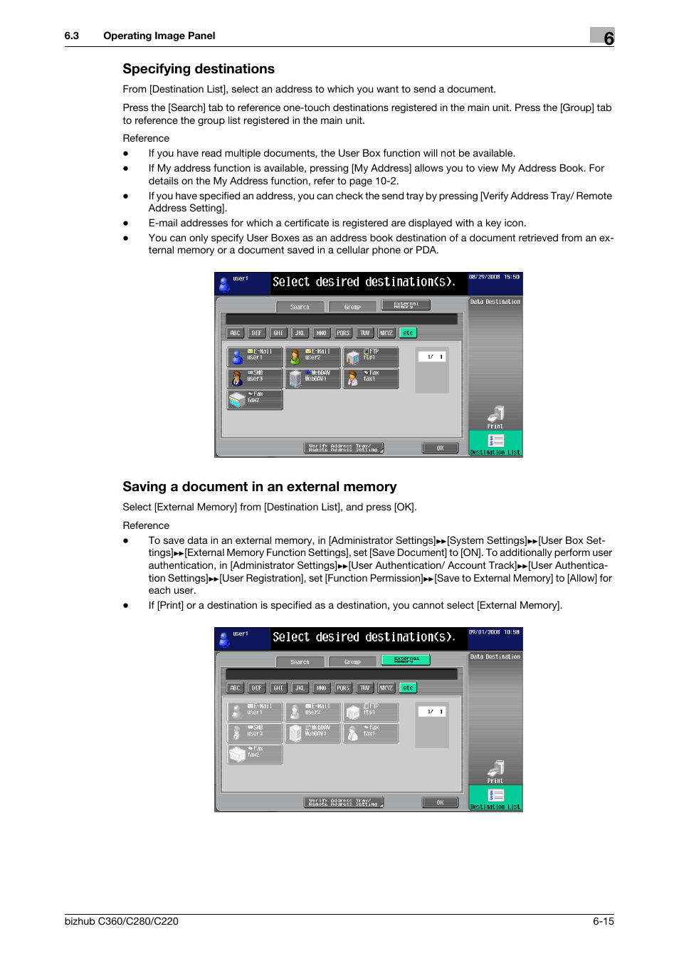 Specifying destinations, Saving a document in an external memory | Konica Minolta BIZHUB C360 User Manual | Page 65 / 111