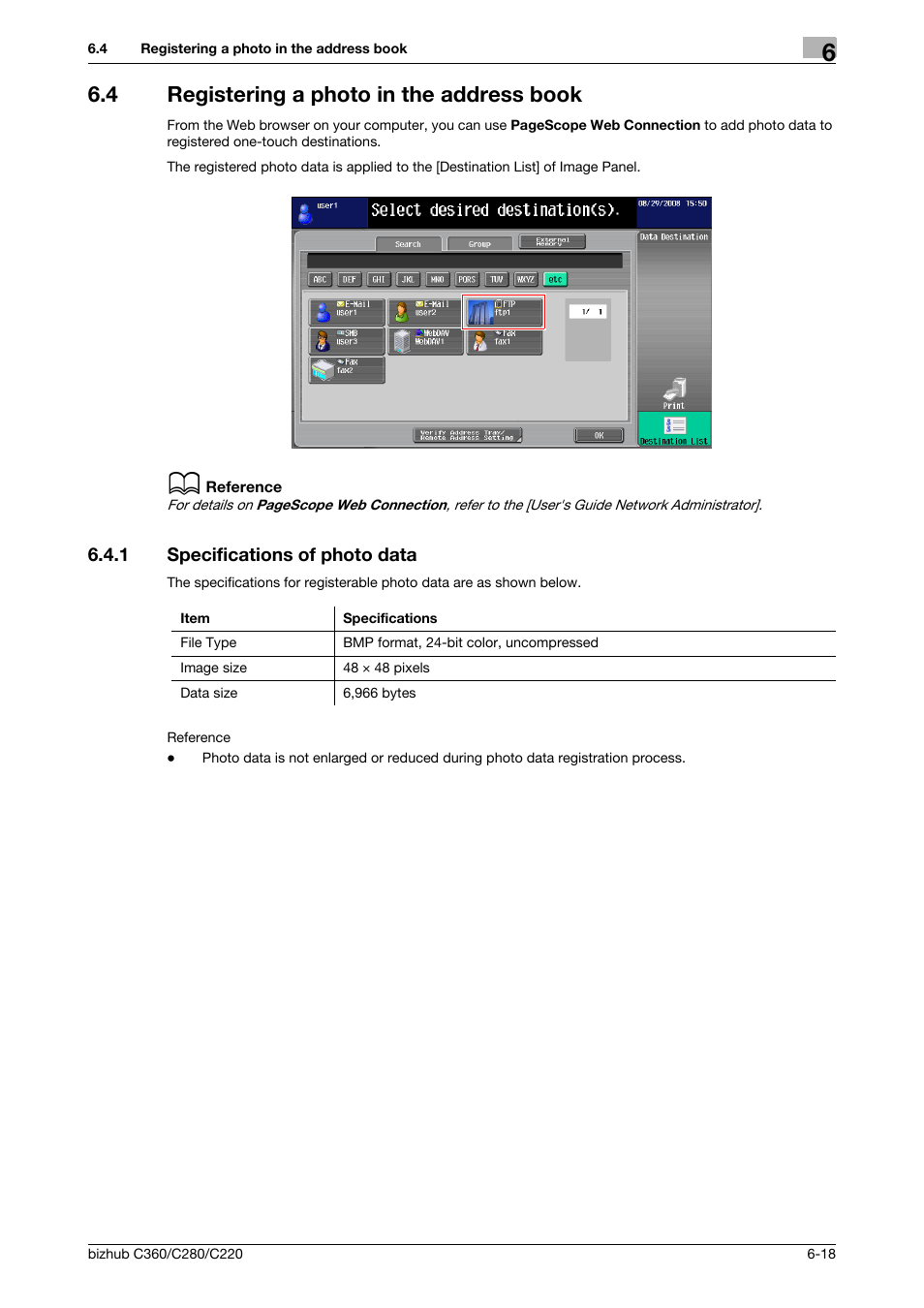 4 registering a photo in the address book, 1 specifications of photo data, Registering a photo in the address book -18 | Specifications of photo data -18 | Konica Minolta BIZHUB C360 User Manual | Page 68 / 111