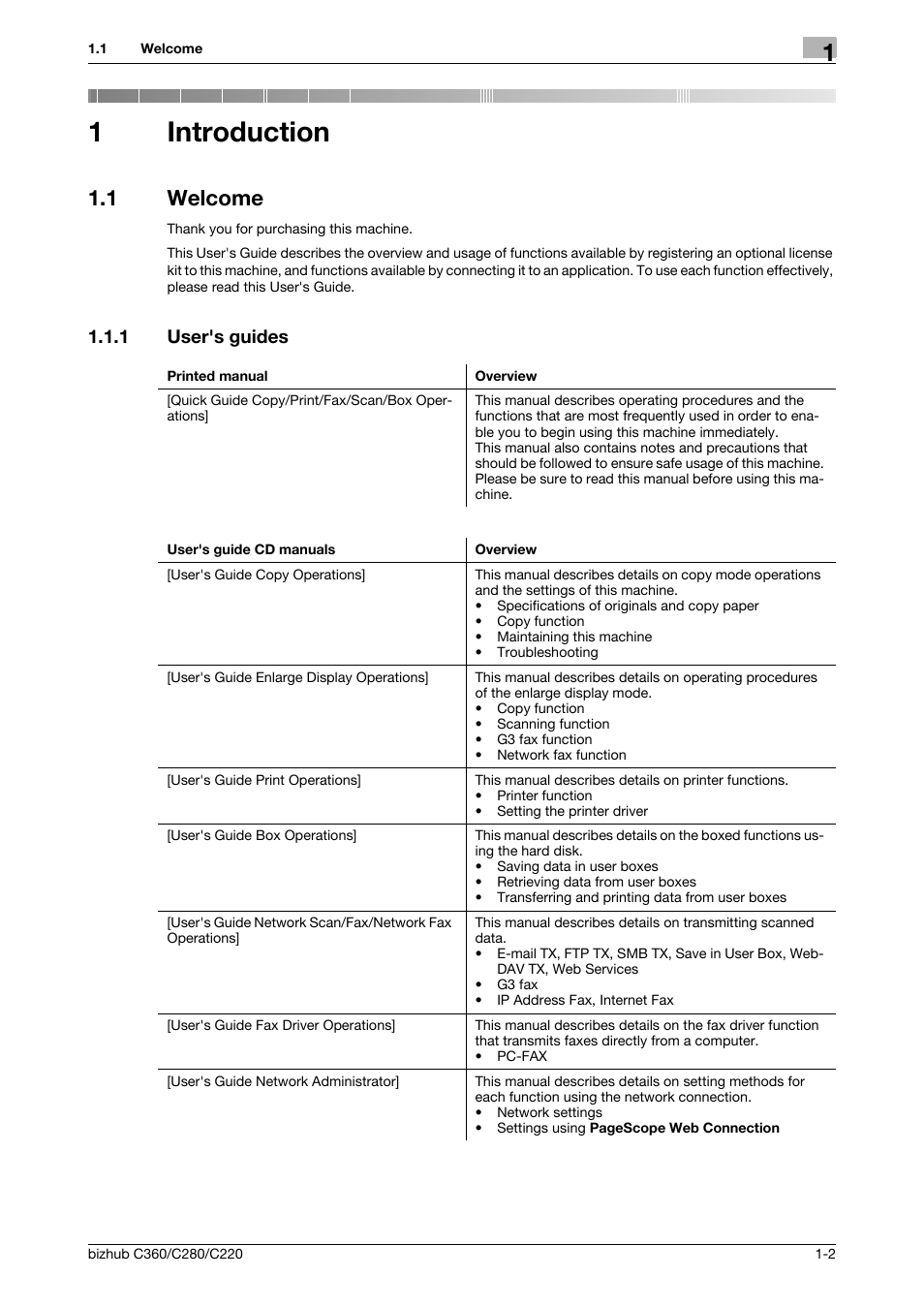 1 introduction, 1 welcome, 1 user's guides | Introduction, Welcome -2, User's guides -2, 1introduction | Konica Minolta BIZHUB C360 User Manual | Page 7 / 111