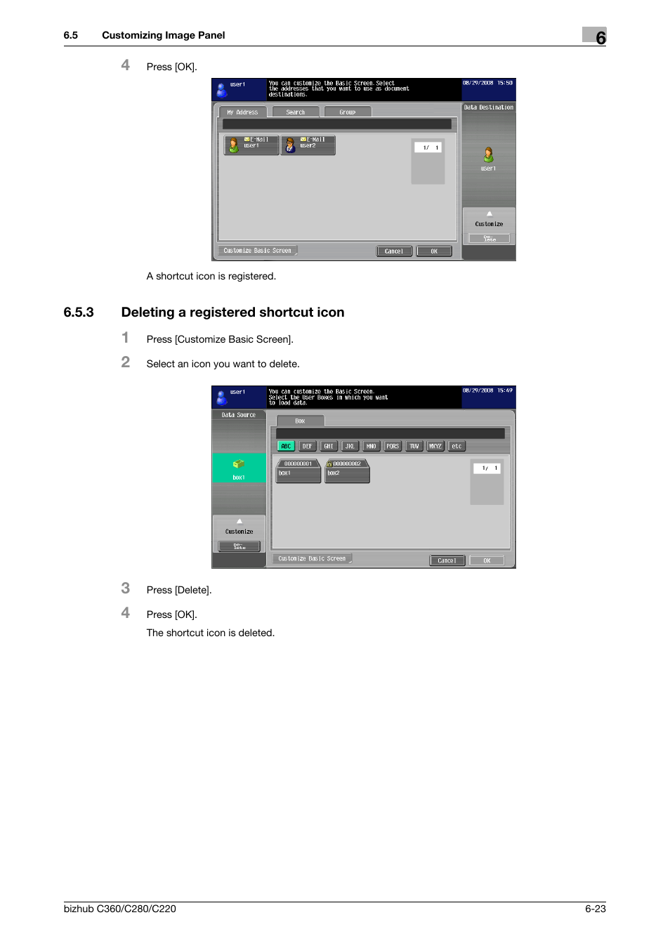 3 deleting a registered shortcut icon, Deleting a registered shortcut icon -23 | Konica Minolta BIZHUB C360 User Manual | Page 73 / 111