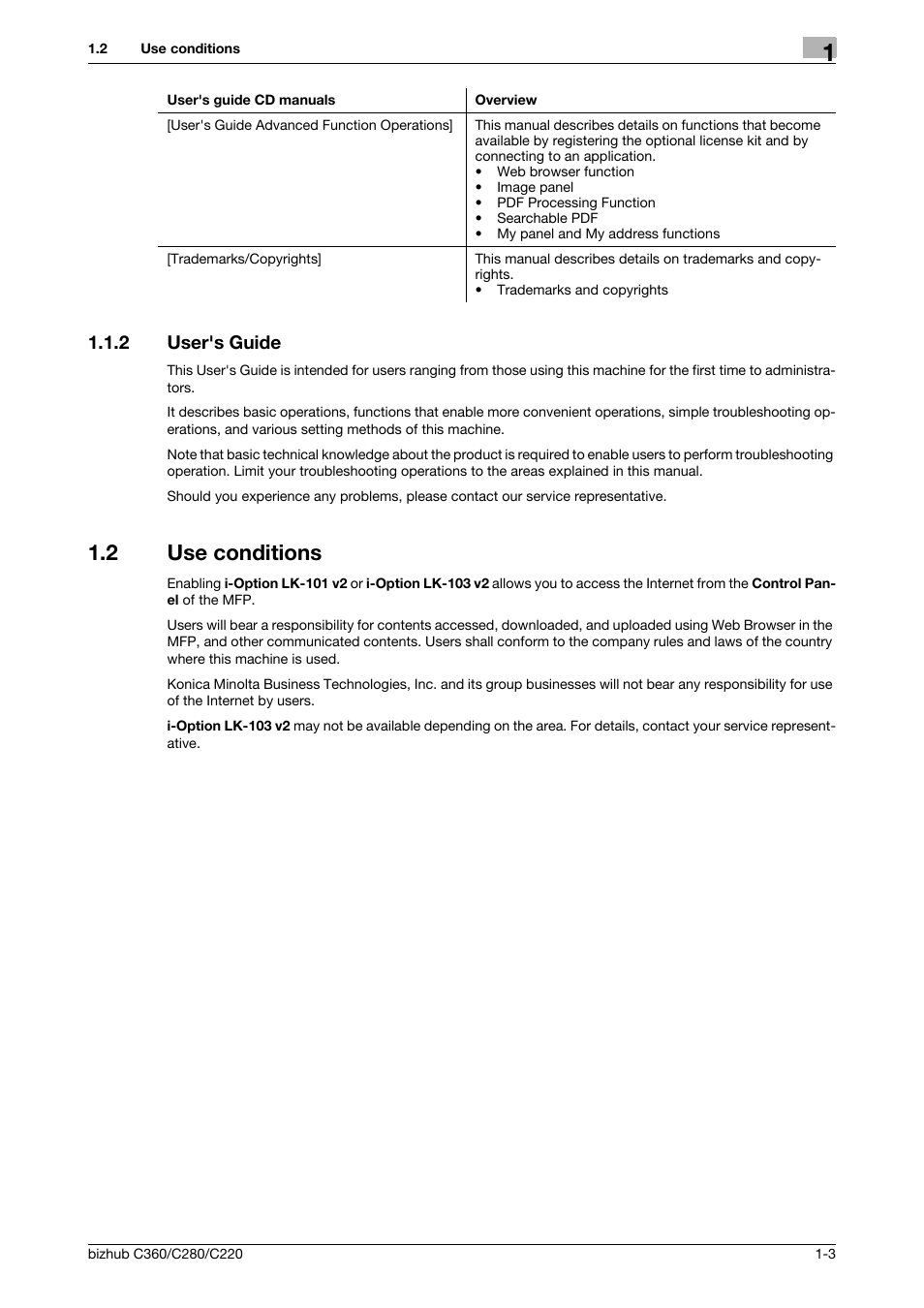 2 user's guide, 2 use conditions, User's guide -3 | Use conditions -3 | Konica Minolta BIZHUB C360 User Manual | Page 8 / 111