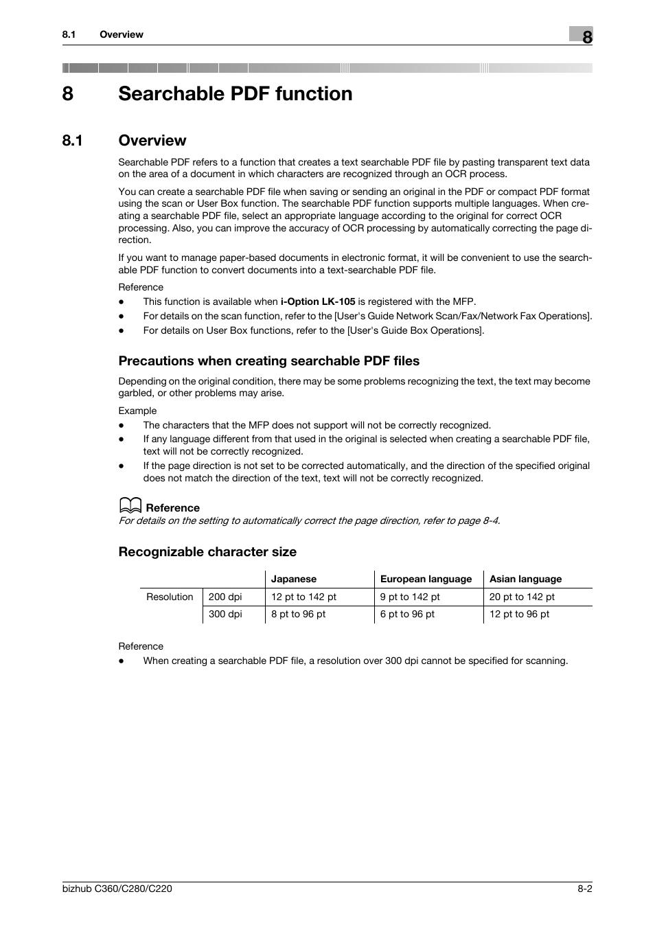 8 searchable pdf function, 1 overview, Precautions when creating searchable pdf files | Recognizable character size, Searchable pdf function, P. 8-2, 8searchable pdf function | Konica Minolta BIZHUB C360 User Manual | Page 82 / 111