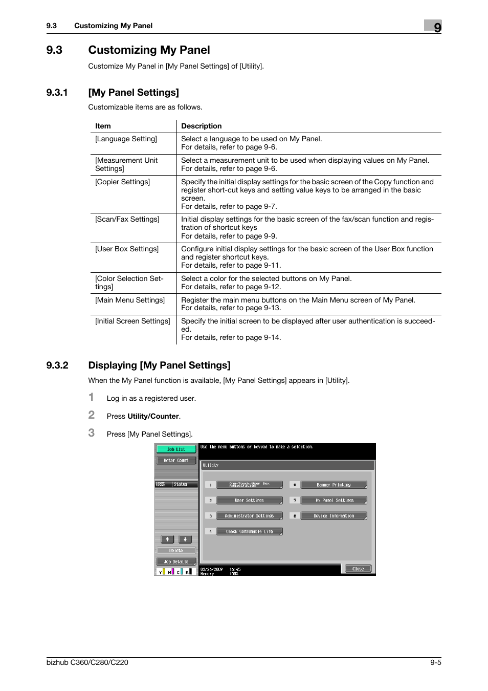 3 customizing my panel, 1 [my panel settings, 2 displaying [my panel settings | Customizing my panel -5, My panel settings] -5, Displaying [my panel settings] -5 | Konica Minolta BIZHUB C360 User Manual | Page 89 / 111