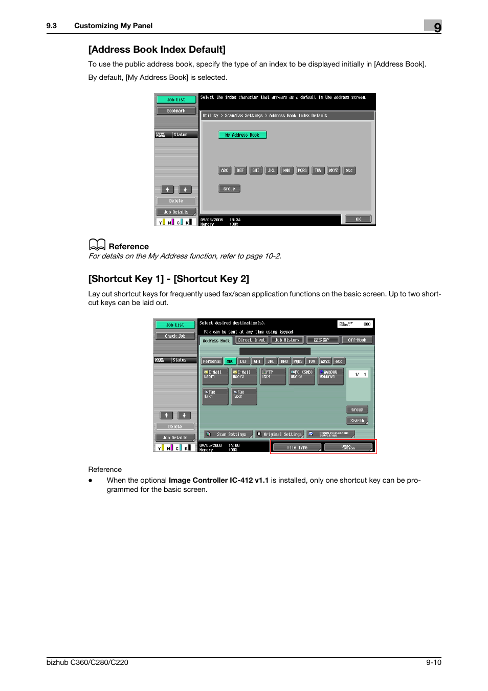 Address book index default, Shortcut key 1] - [shortcut key 2 | Konica Minolta BIZHUB C360 User Manual | Page 94 / 111