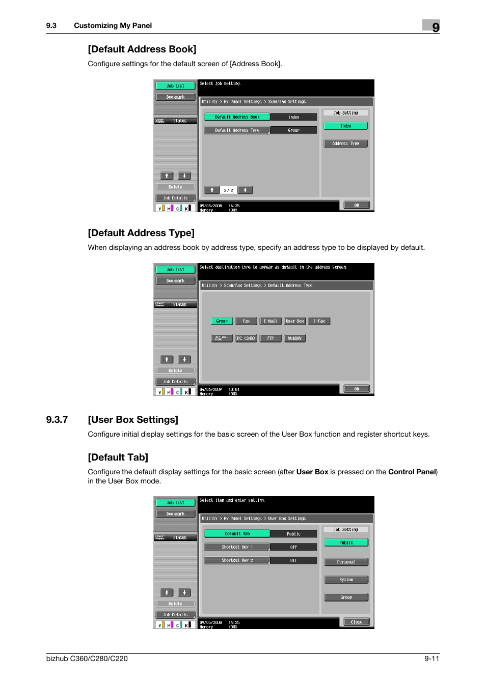 Default address book, Default address type, 7 [user box settings | Default tab, User box settings] -11 [default tab] -11 | Konica Minolta BIZHUB C360 User Manual | Page 95 / 111