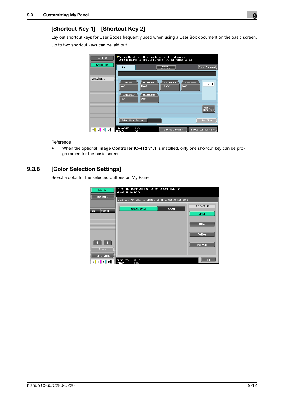 Shortcut key 1] - [shortcut key 2, 8 [color selection settings, Shortcut key 1] - [shortcut key 2] -12 | Color selection settings] -12 | Konica Minolta BIZHUB C360 User Manual | Page 96 / 111