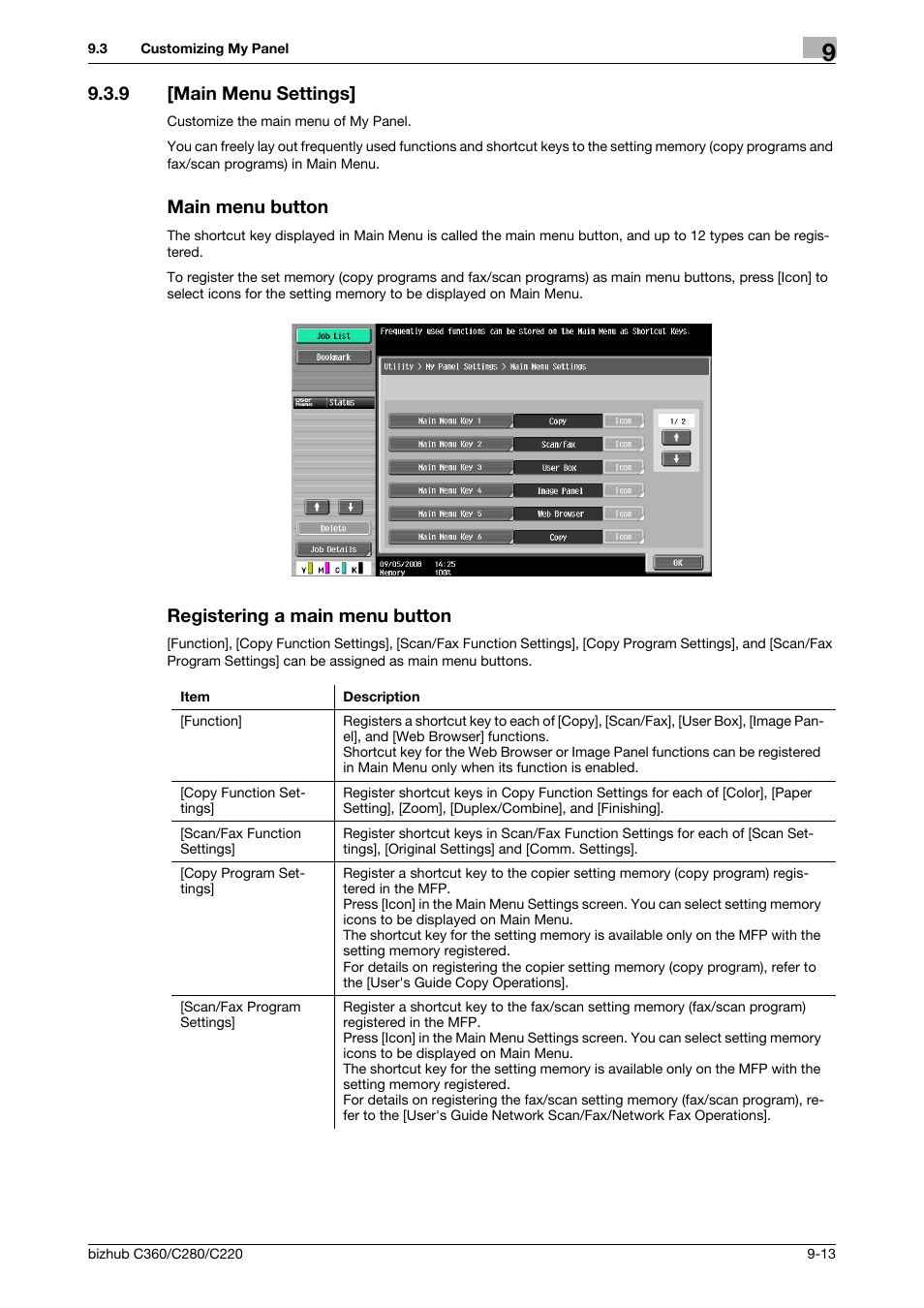 9 [main menu settings, Main menu button, Registering a main menu button | Konica Minolta BIZHUB C360 User Manual | Page 97 / 111