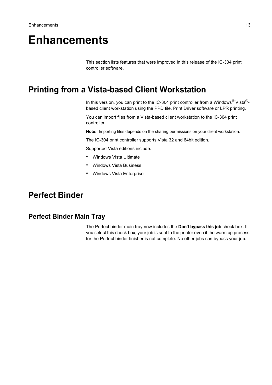 Enhancements, Printing from a vista-based client workstation, Perfect binder | Perfect binder main tray, Enhancements de | Konica Minolta bizhub PRO C65hc User Manual | Page 19 / 38