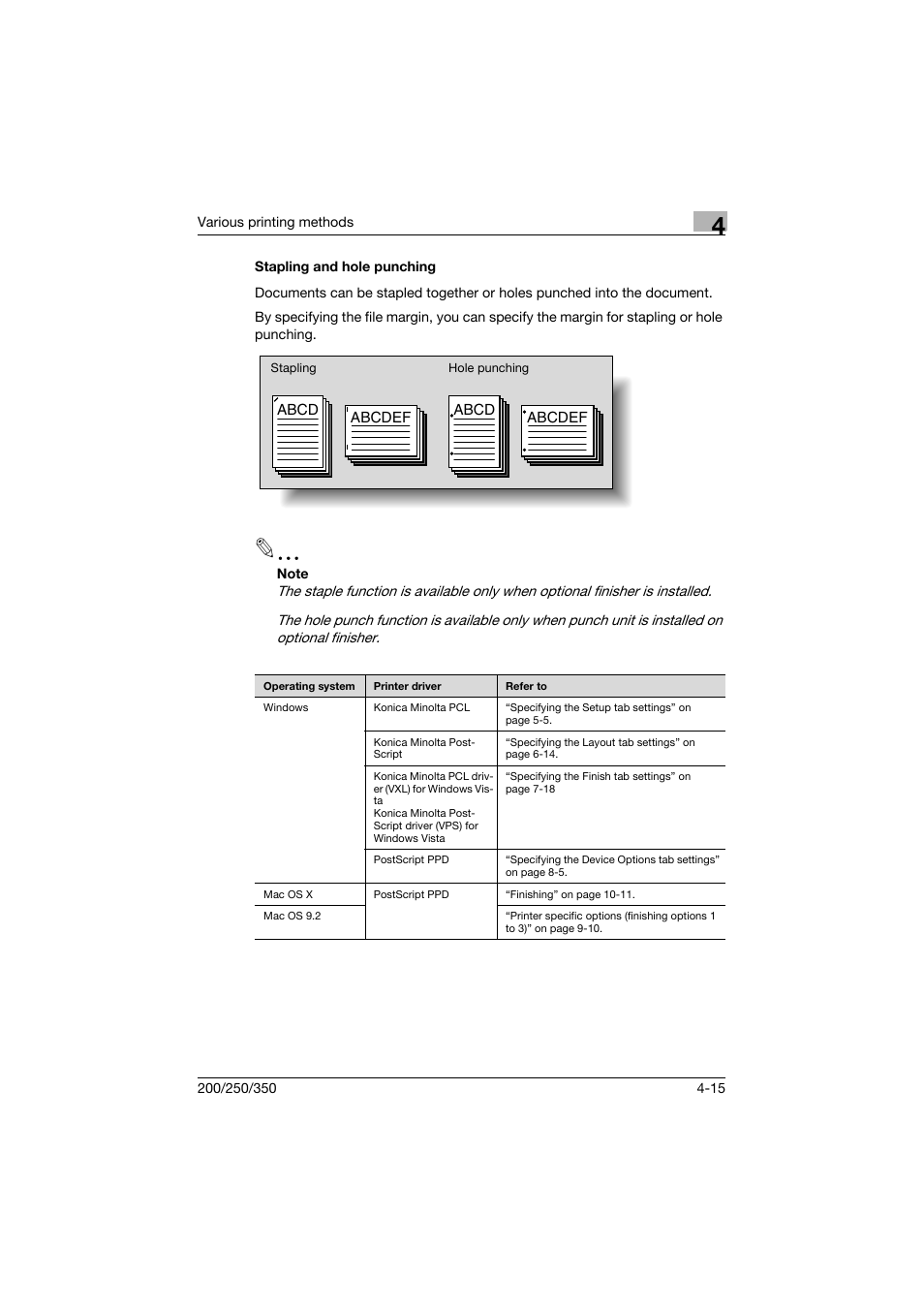 Stapling and hole punching, Stapling and hole punching -15 | Konica Minolta bizhub 200 User Manual | Page 110 / 382