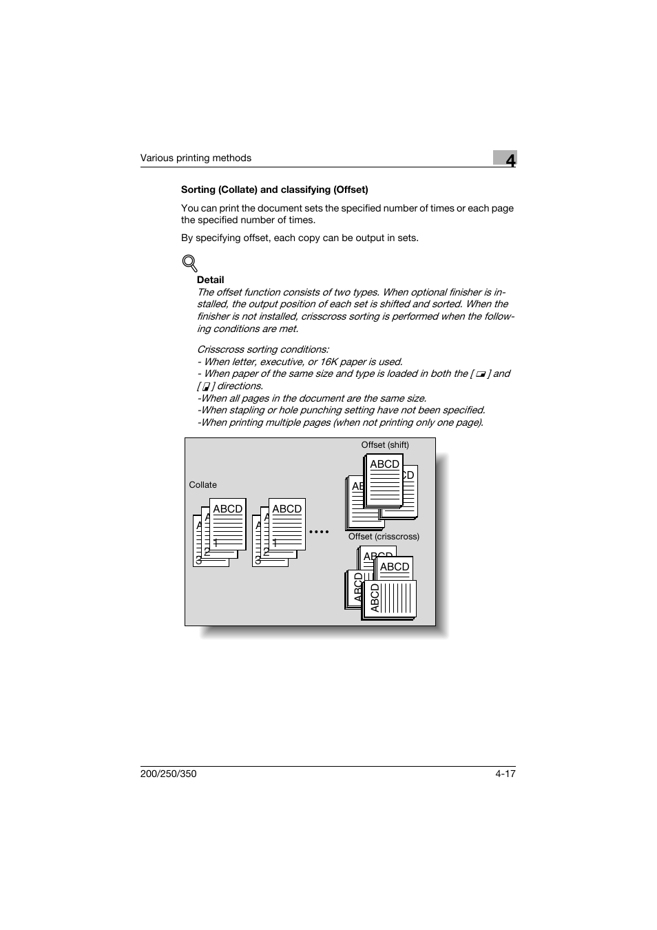 Sorting (collate) and classifying (offset), Sorting (collate) and classifying (offset) -17 | Konica Minolta bizhub 200 User Manual | Page 112 / 382