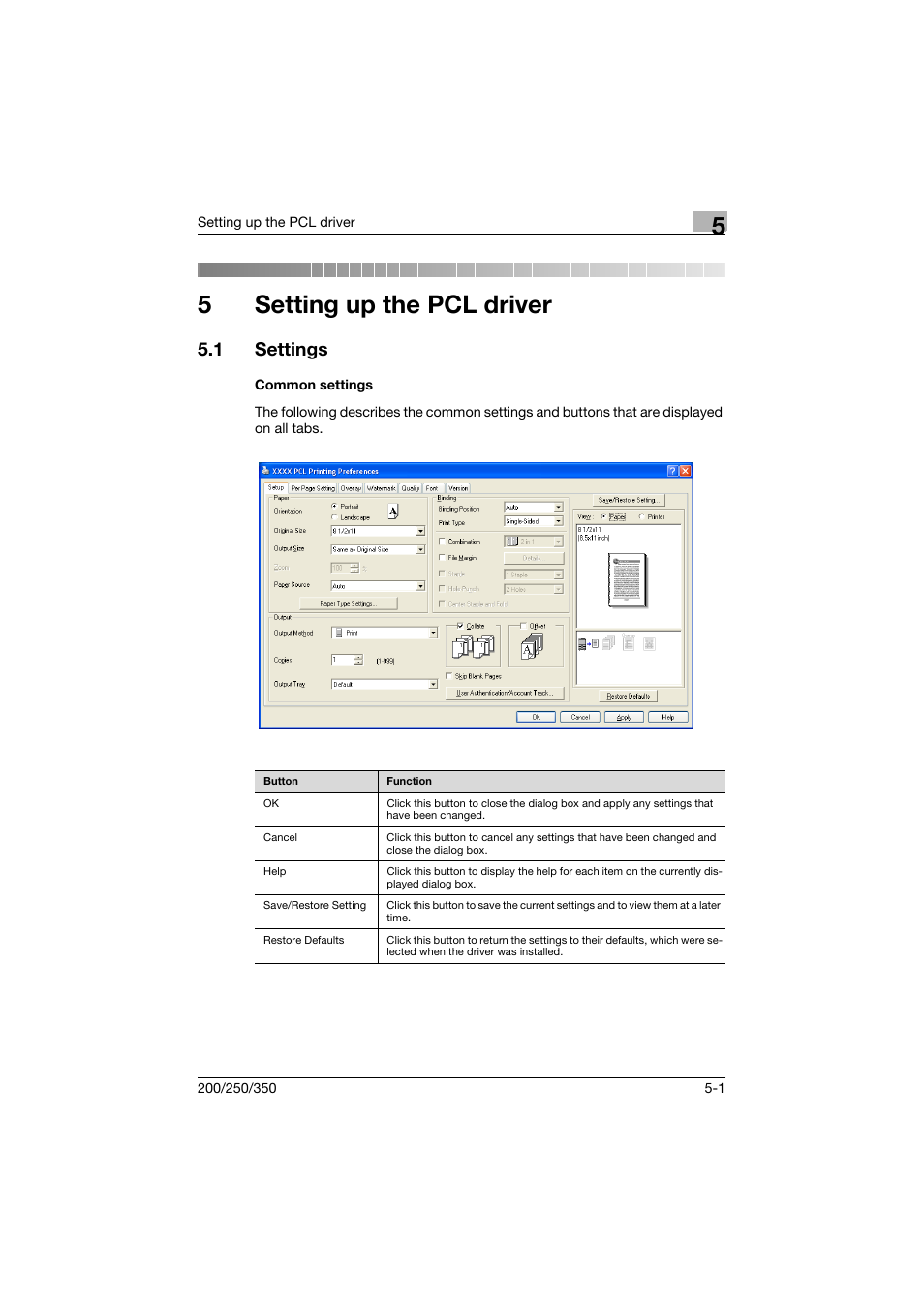 5 setting up the pcl driver, 1 settings, Common settings | Setting up the pcl driver, Settings -1, Common settings -1, 5setting up the pcl driver | Konica Minolta bizhub 200 User Manual | Page 124 / 382