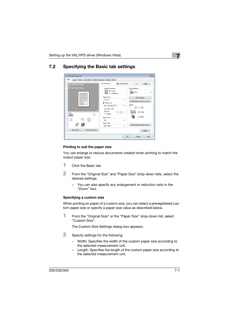 2 specifying the basic tab settings, Printing to suit the paper size, Specifying a custom size | Specifying the basic tab settings -7 | Konica Minolta bizhub 200 User Manual | Page 192 / 382