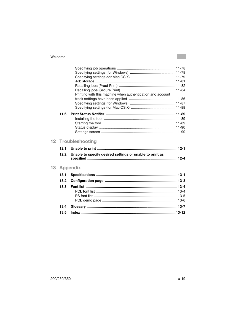 12 troubleshooting, 13 appendix | Konica Minolta bizhub 200 User Manual | Page 20 / 382