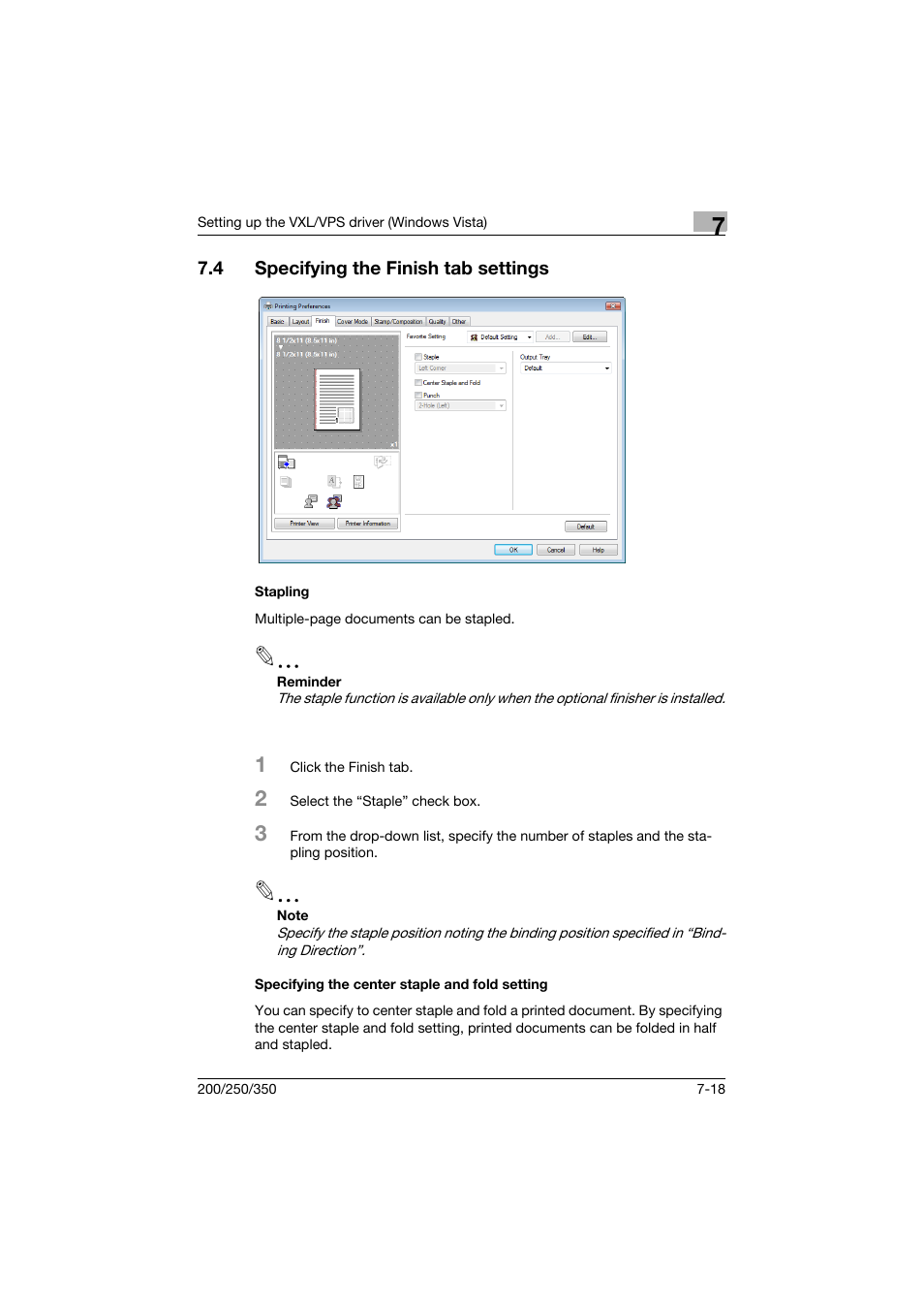 4 specifying the finish tab settings, Stapling, Specifying the center staple and fold setting | Specifying the finish tab settings -18 | Konica Minolta bizhub 200 User Manual | Page 203 / 382