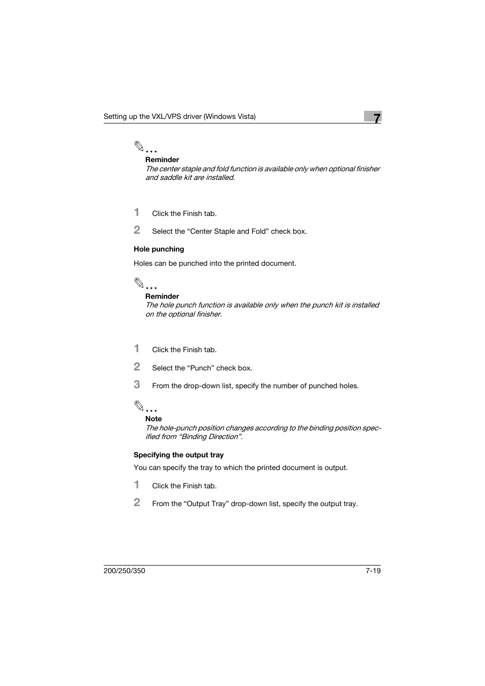 Hole punching, Specifying the output tray, Hole punching -19 specifying the output tray -19 | Konica Minolta bizhub 200 User Manual | Page 204 / 382