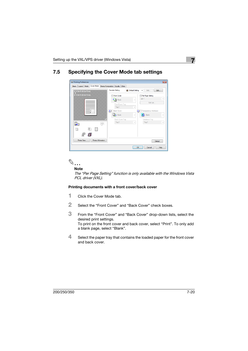 5 specifying the cover mode tab settings, Printing documents with a front cover/back cover, Specifying the cover mode tab settings -20 | Konica Minolta bizhub 200 User Manual | Page 205 / 382