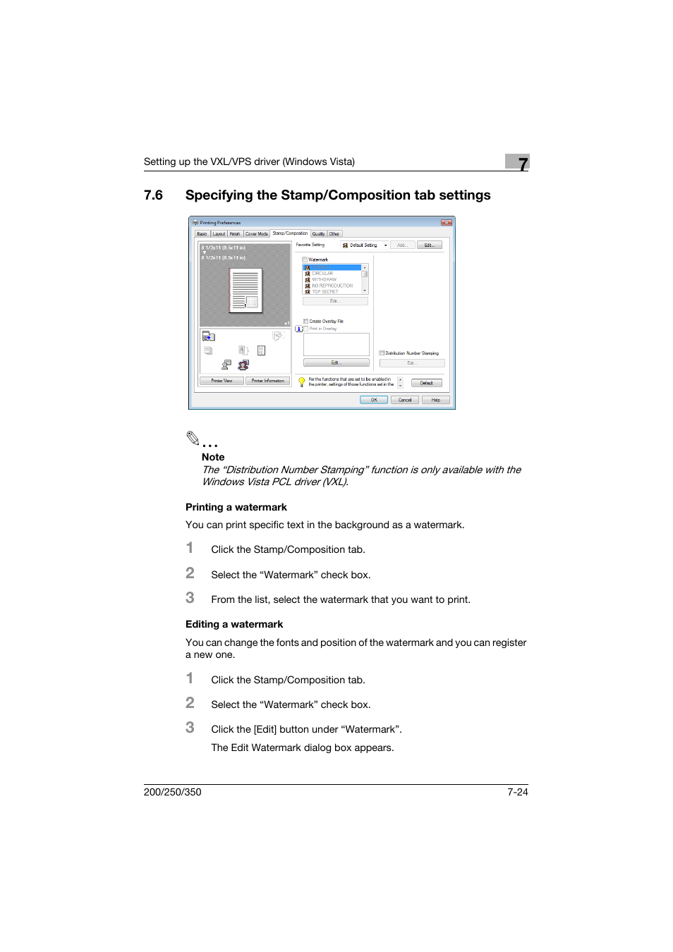 6 specifying the stamp/composition tab settings, Printing a watermark, Editing a watermark | Specifying the stamp/composition tab settings -24, Printing a watermark -24, Editing a watermark -24 | Konica Minolta bizhub 200 User Manual | Page 209 / 382