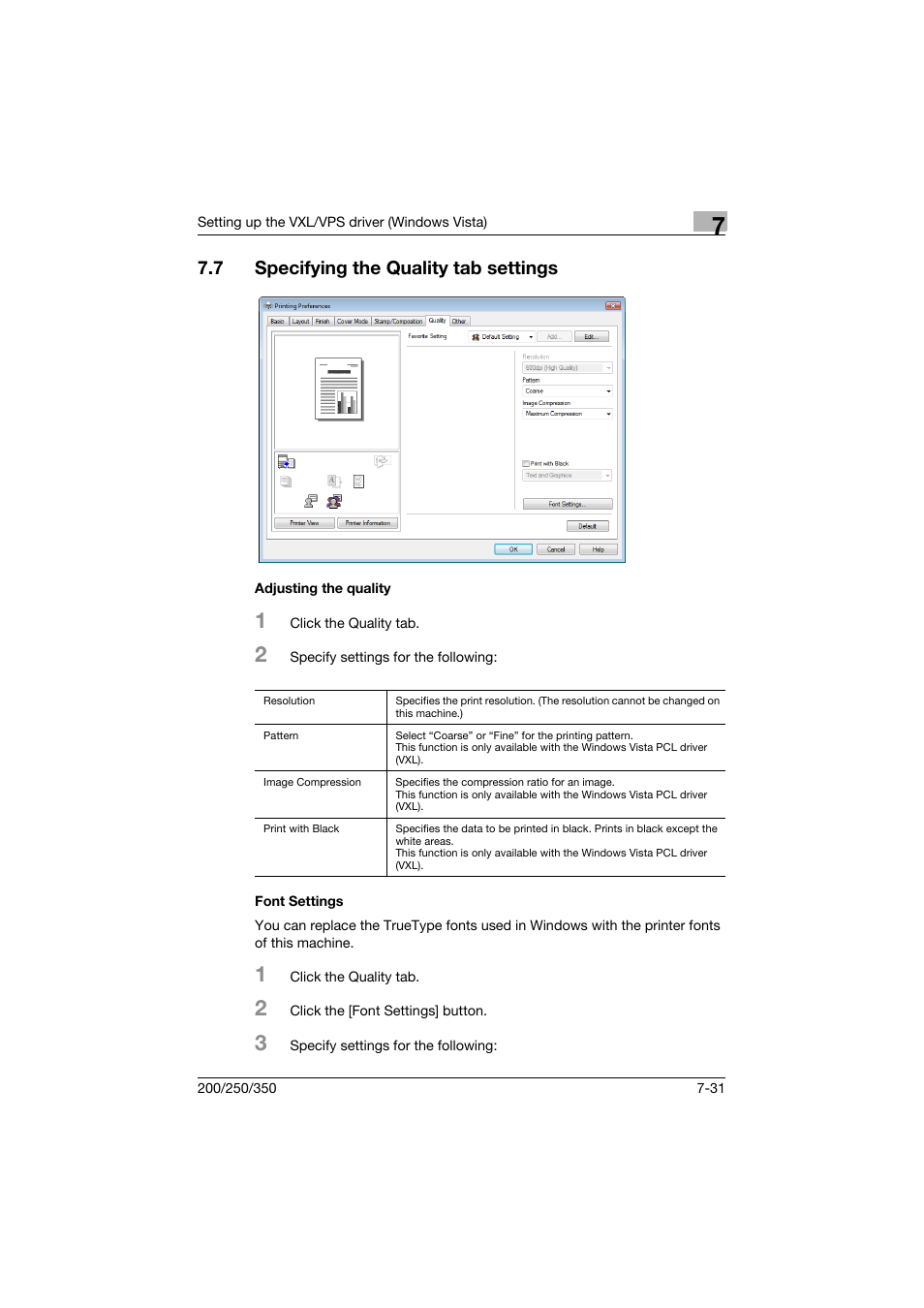 7 specifying the quality tab settings, Adjusting the quality, Font settings | Specifying the quality tab settings -31, Adjusting the quality -31 font settings -31 | Konica Minolta bizhub 200 User Manual | Page 216 / 382