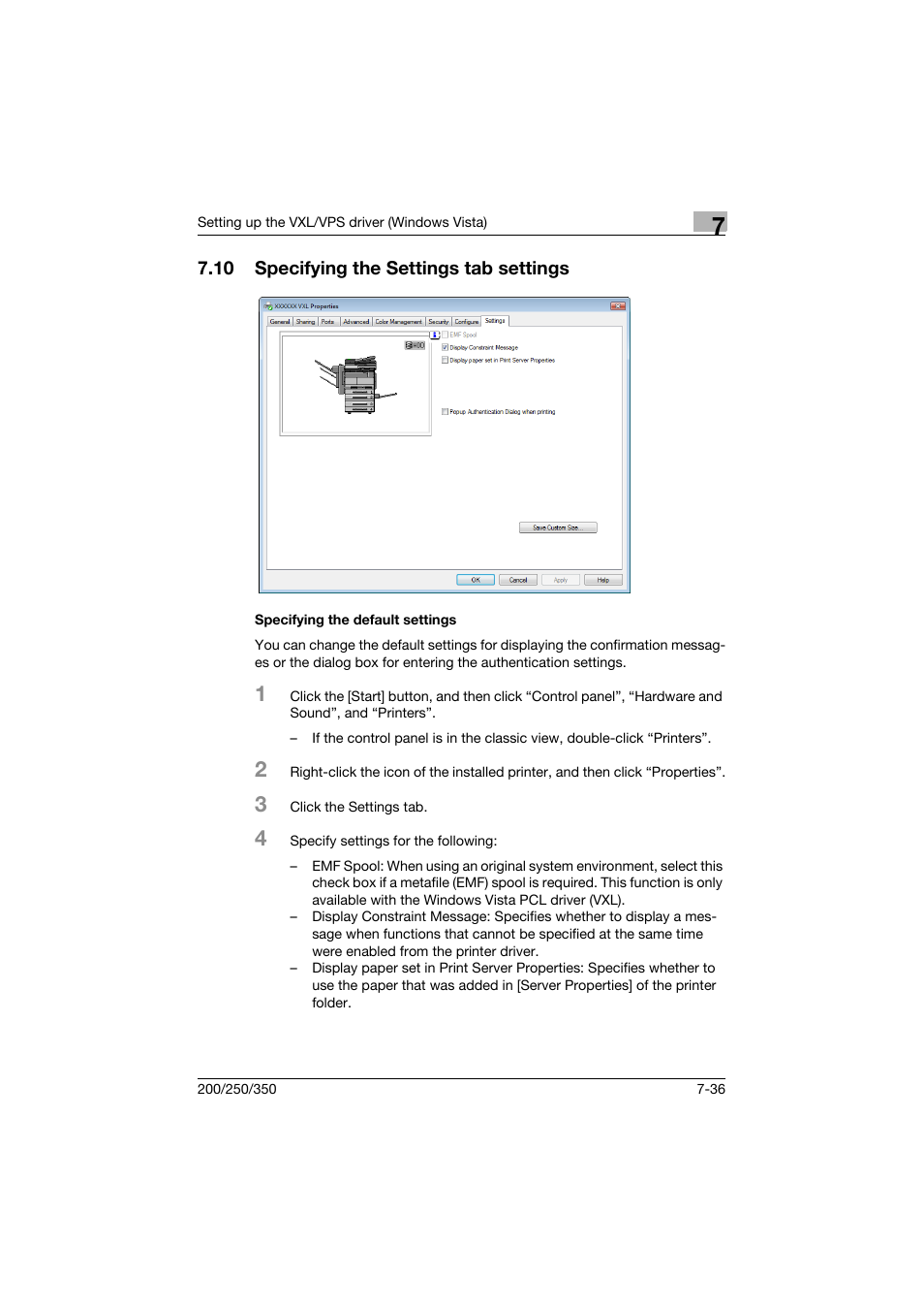 10 specifying the settings tab settings, Specifying the default settings, Specifying the settings tab settings -36 | Specifying the default settings -36 | Konica Minolta bizhub 200 User Manual | Page 221 / 382