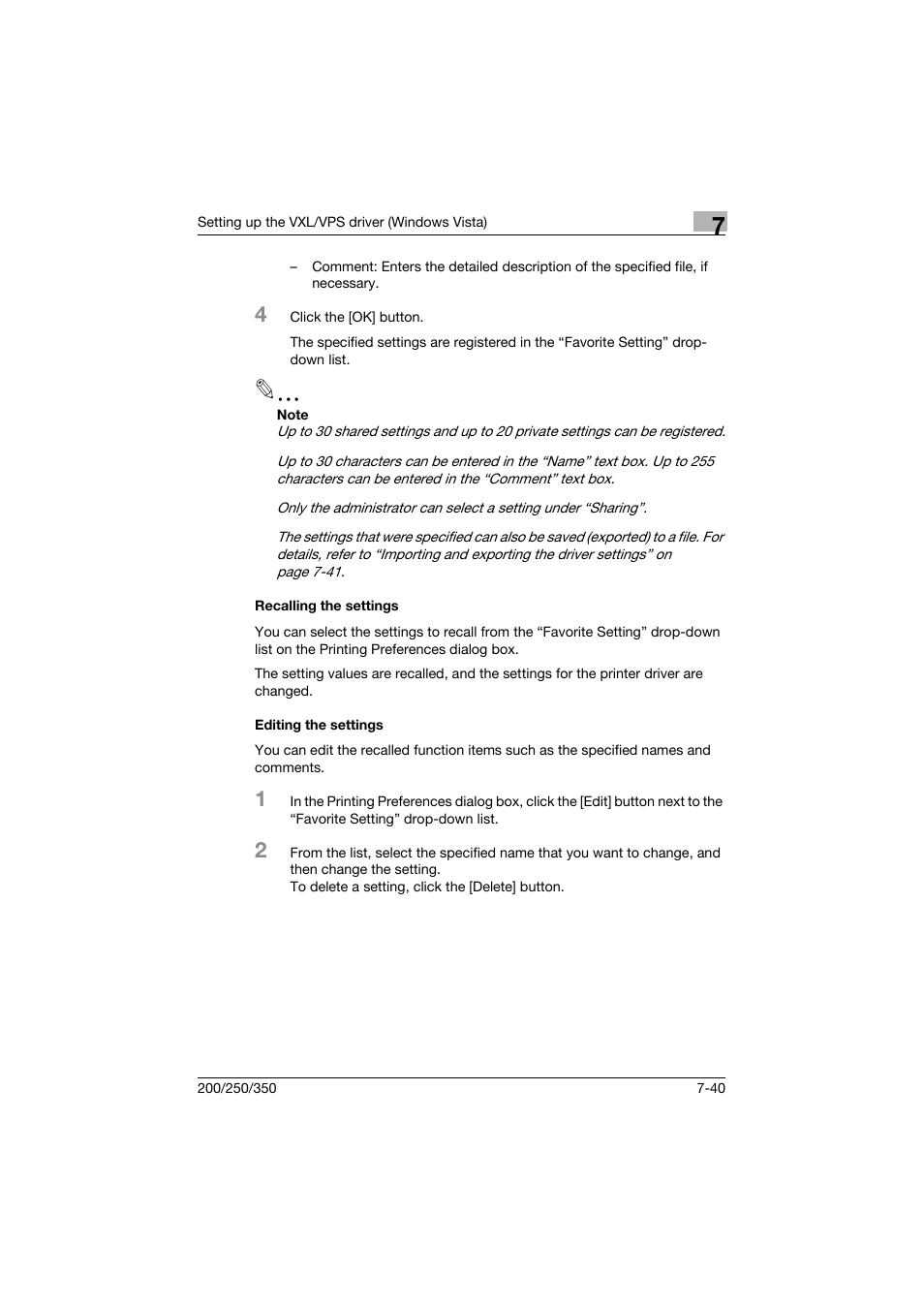 Recalling the settings, Editing the settings | Konica Minolta bizhub 200 User Manual | Page 225 / 382