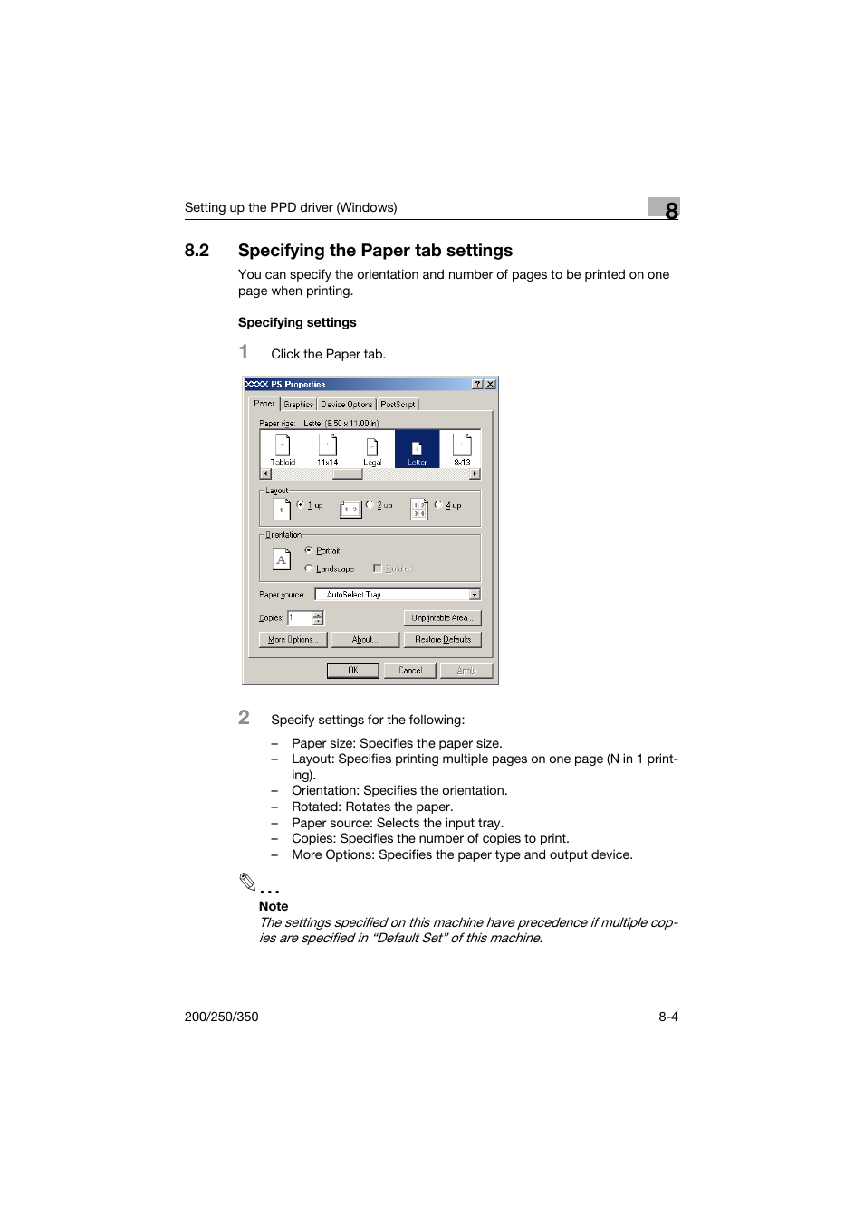 2 specifying the paper tab settings, Specifying settings, Specifying the paper tab settings -4 | Specifying settings -4 | Konica Minolta bizhub 200 User Manual | Page 231 / 382