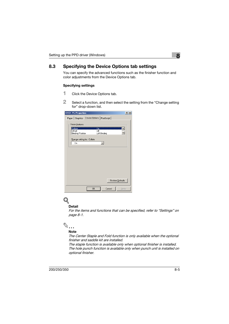 3 specifying the device options tab settings, Specifying settings, Specifying the device options tab settings -5 | Specifying settings -5 | Konica Minolta bizhub 200 User Manual | Page 232 / 382