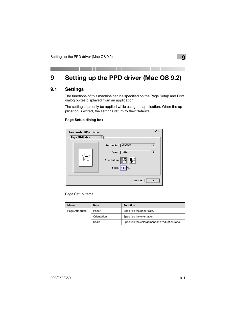 9 setting up the ppd driver (mac os 9.2), 1 settings, Setting up the ppd driver (mac os 9.2) | Settings -1, 9setting up the ppd driver (mac os 9.2) | Konica Minolta bizhub 200 User Manual | Page 236 / 382