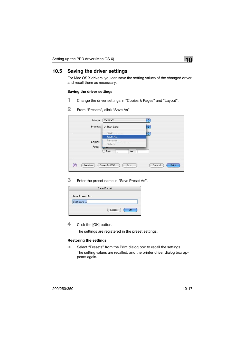 5 saving the driver settings, Saving the driver settings, Restoring the settings | Saving the driver settings -17 | Konica Minolta bizhub 200 User Manual | Page 266 / 382