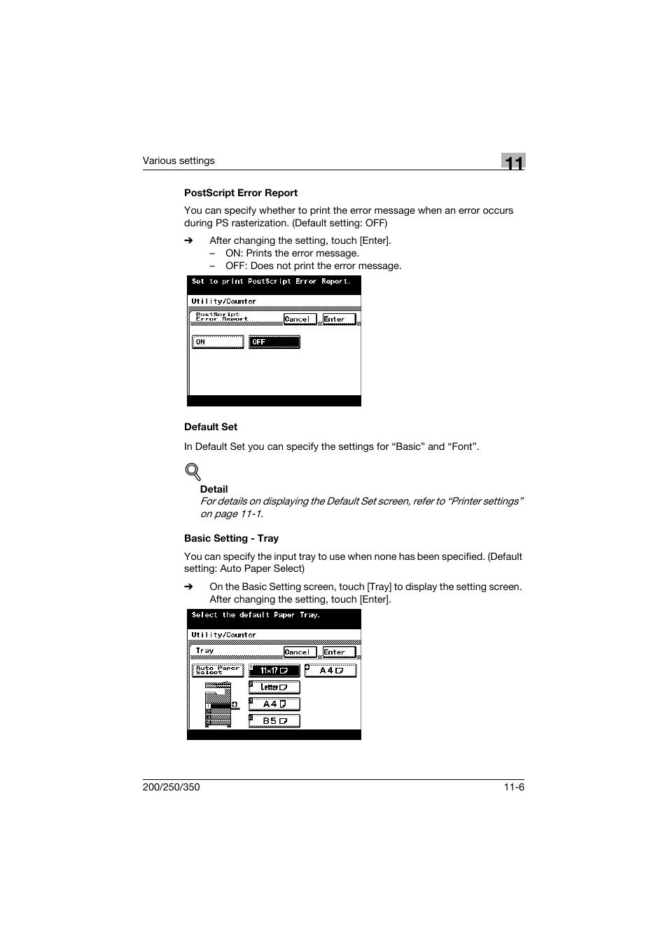 Postscript error report, Default set, Basic setting - tray | Postscript error report -6, Default set -6 basic setting - tray -6 | Konica Minolta bizhub 200 User Manual | Page 273 / 382
