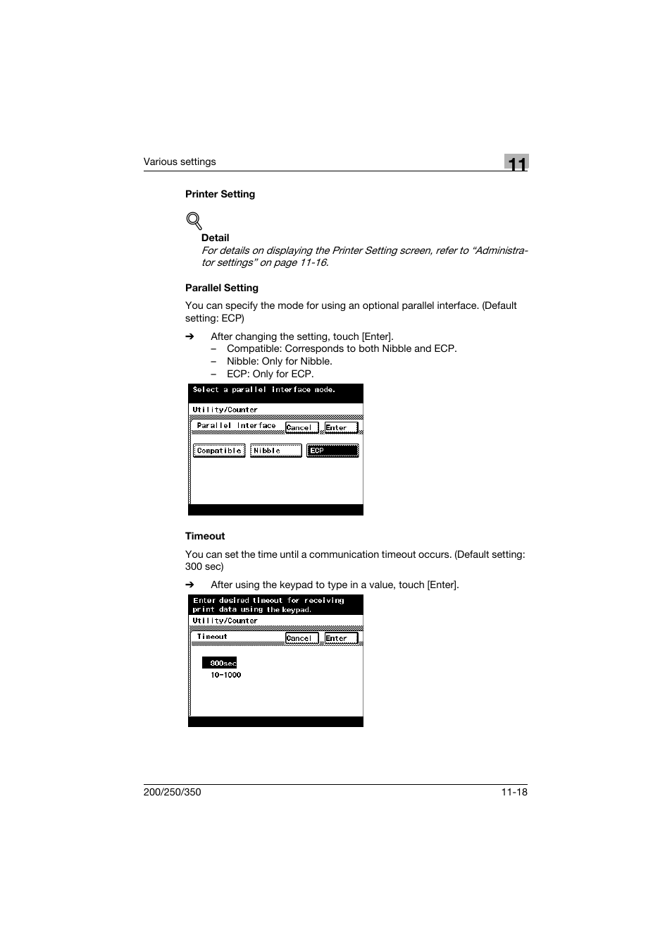 Printer setting, Parallel setting, Timeout | Konica Minolta bizhub 200 User Manual | Page 285 / 382