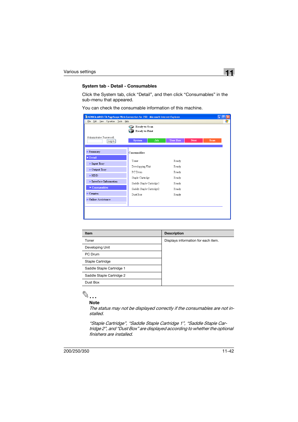 System tab - detail - consumables, System tab - detail - consumables -42 | Konica Minolta bizhub 200 User Manual | Page 309 / 382